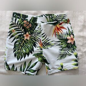 Tropical Leaf Prints Kids Swim Shorts - White & Green